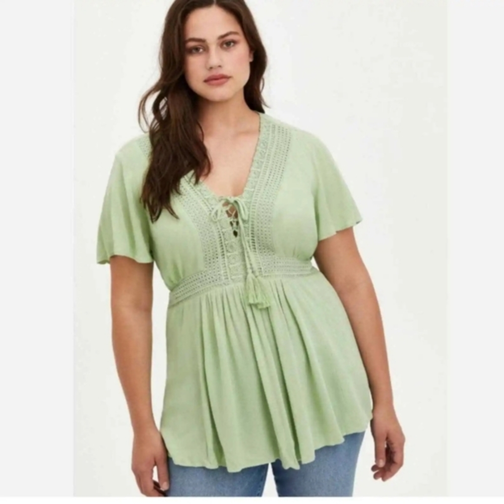 torrid Light Green Crochet Lace-Up Peplum Blouse